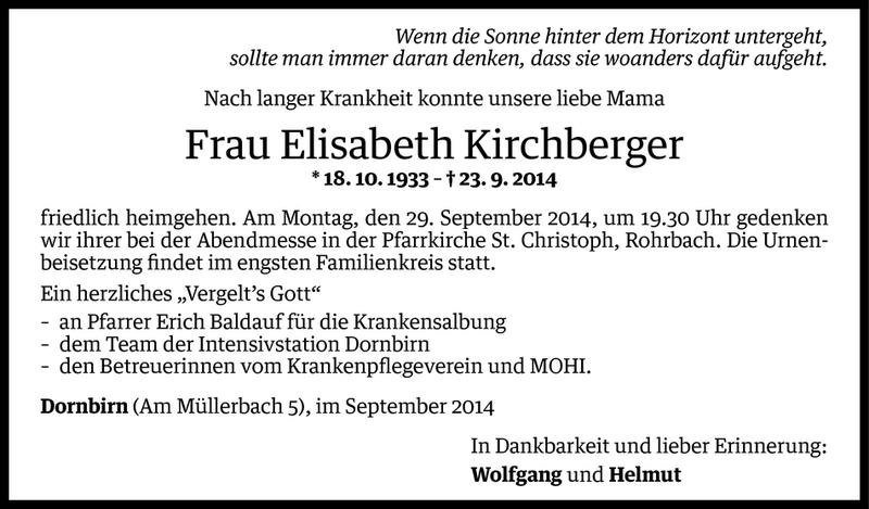  Todesanzeige für Elisabeth Kirchberger vom 25.09.2014 aus Vorarlberger Nachrichten