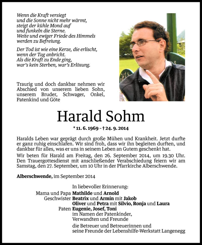  Todesanzeige für Harald Sohm vom 25.09.2014 aus Vorarlberger Nachrichten