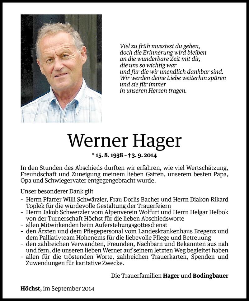  Todesanzeige für Werner Hager vom 26.09.2014 aus Vorarlberger Nachrichten