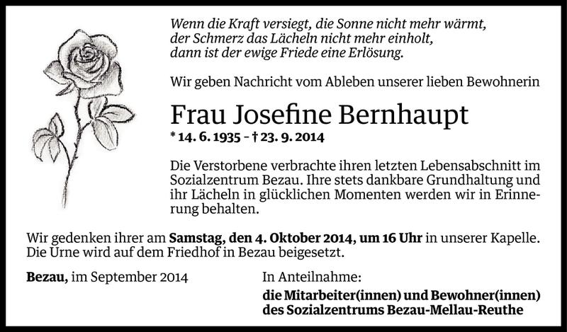  Todesanzeige für Josefine Bernhaupt vom 26.09.2014 aus Vorarlberger Nachrichten