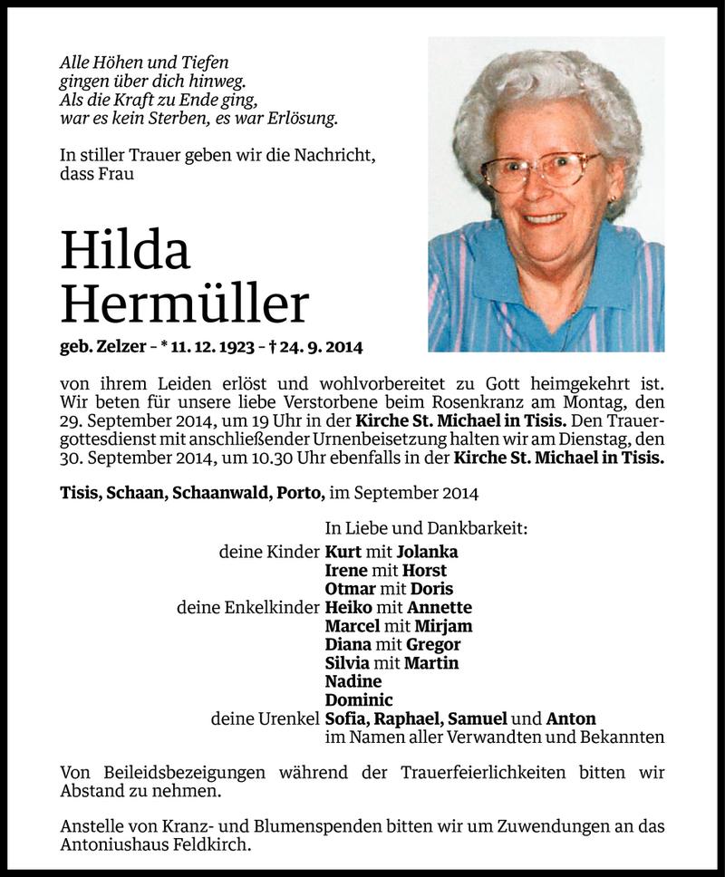  Todesanzeige für Hilda Hermüller vom 26.09.2014 aus Vorarlberger Nachrichten