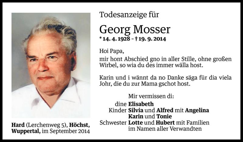  Todesanzeige für Georg Mosser vom 27.09.2014 aus Vorarlberger Nachrichten