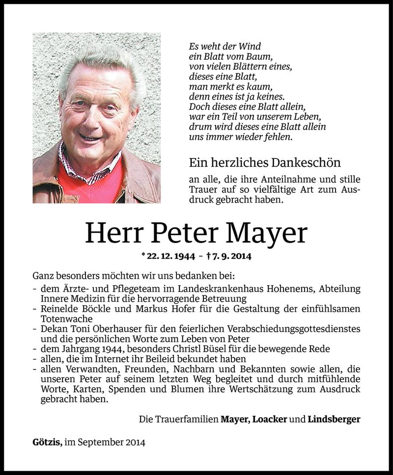  Todesanzeige für Peter Mayer vom 27.09.2014 aus Vorarlberger Nachrichten