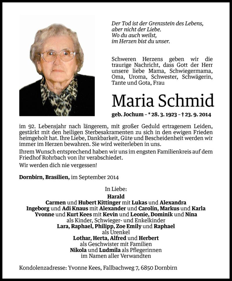  Todesanzeige für Maria Schmid vom 27.09.2014 aus Vorarlberger Nachrichten