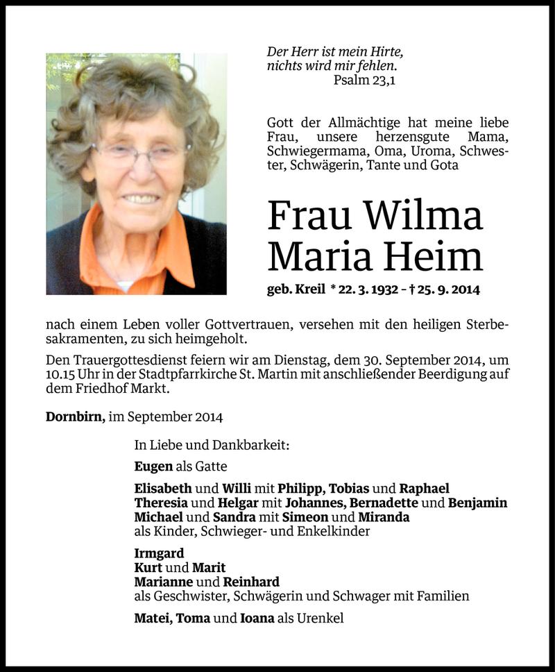  Todesanzeige für Maria Heim vom 26.09.2014 aus Vorarlberger Nachrichten