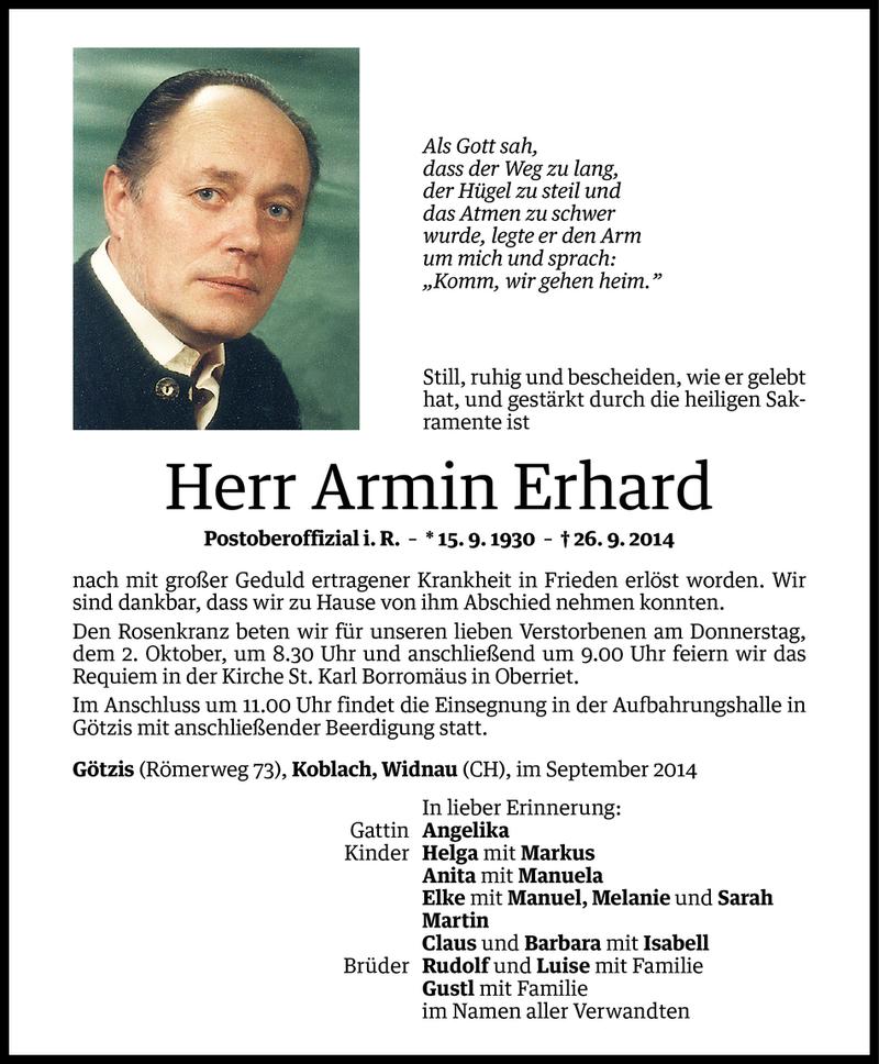  Todesanzeige für Armin Erhard vom 29.09.2014 aus Vorarlberger Nachrichten