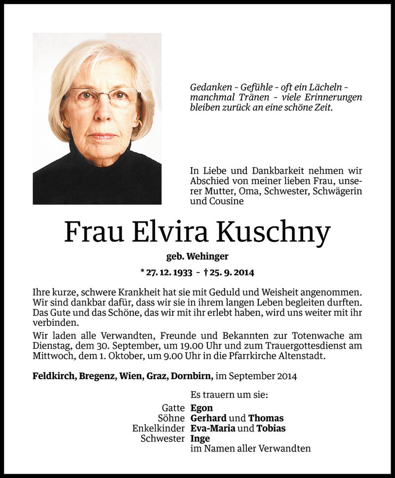  Todesanzeige für Elvira Kuschny vom 29.09.2014 aus Vorarlberger Nachrichten