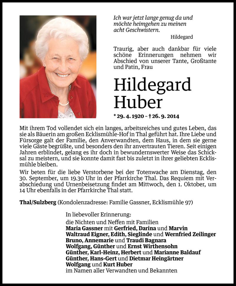  Todesanzeige für Hildegard Huber vom 28.09.2014 aus Vorarlberger Nachrichten