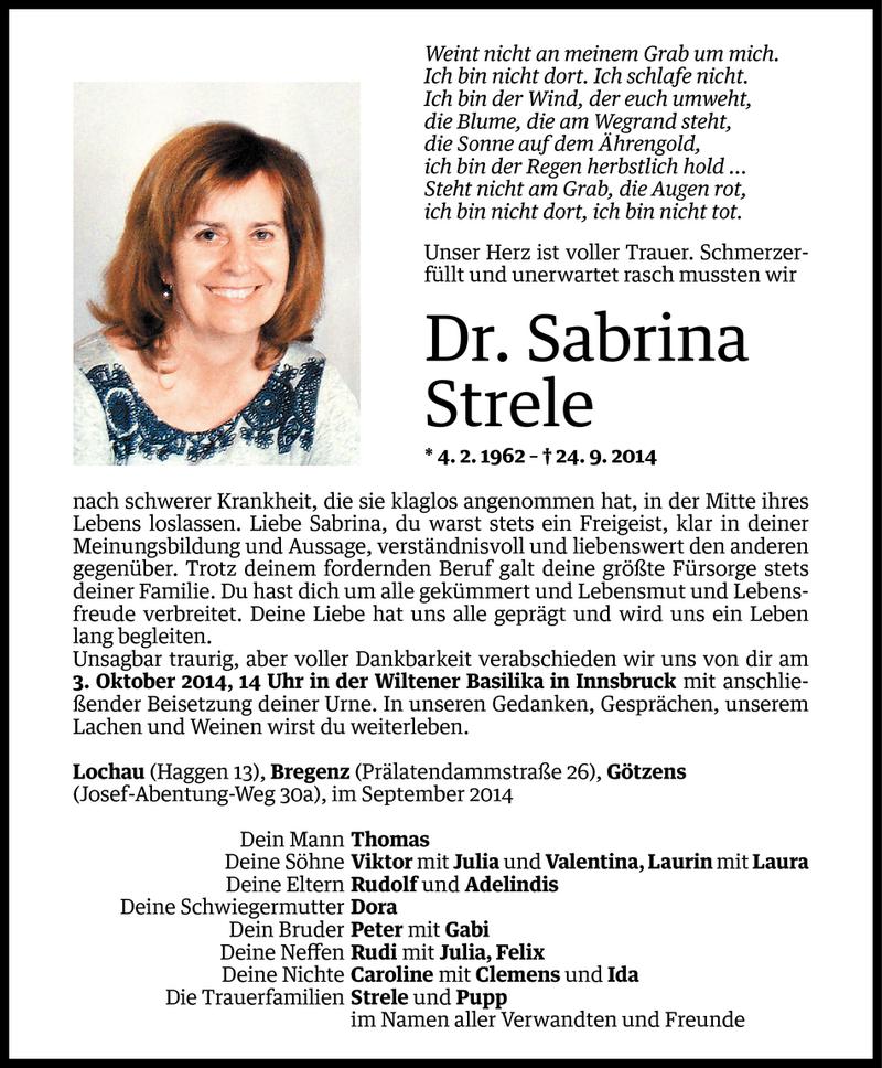  Todesanzeige für Sabrina Strele vom 28.09.2014 aus Vorarlberger Nachrichten