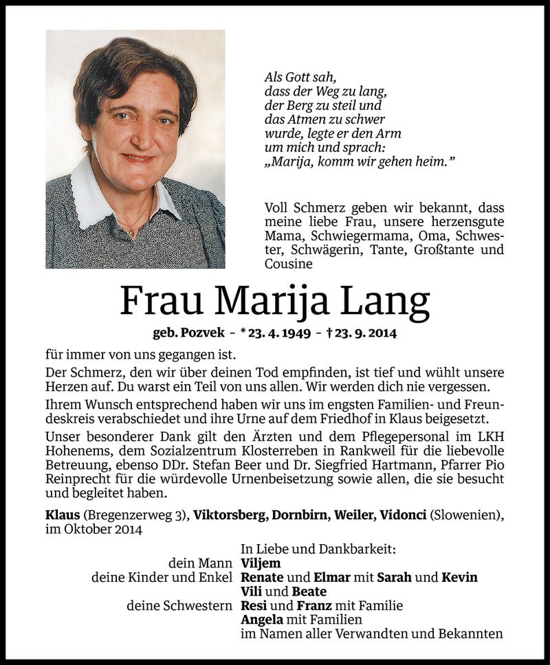  Todesanzeige für Marija Lang vom 01.10.2014 aus Vorarlberger Nachrichten