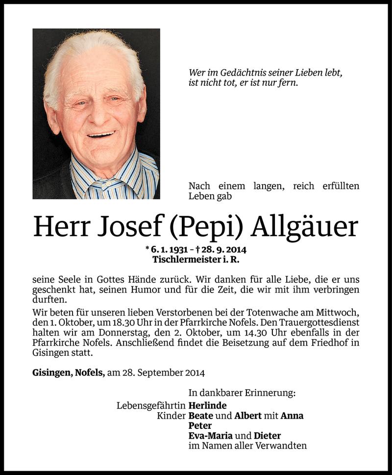  Todesanzeige für Josef Allgäuer vom 29.09.2014 aus Vorarlberger Nachrichten