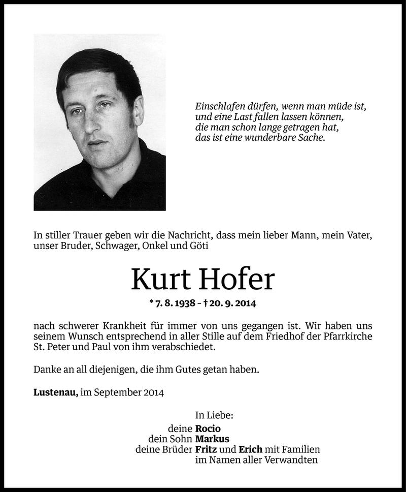  Todesanzeige für Kurt Hofer vom 30.09.2014 aus Vorarlberger Nachrichten