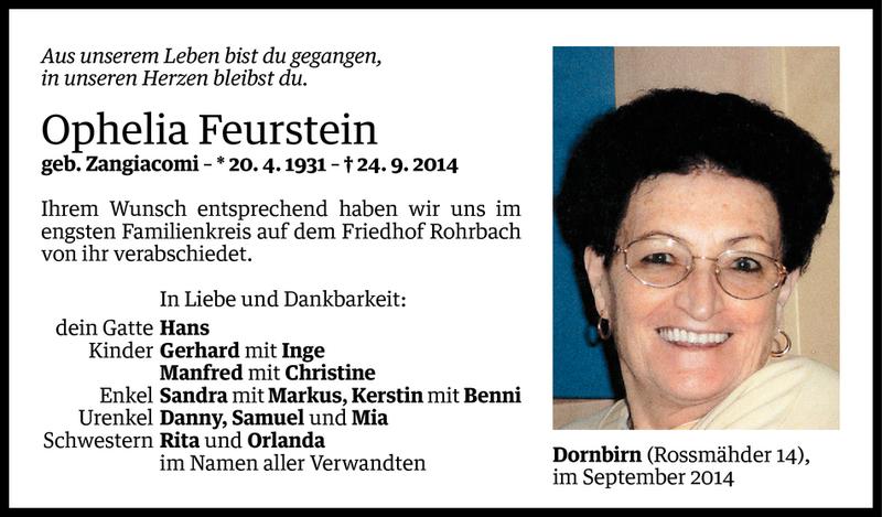  Todesanzeige für Ophelia Feurstein vom 30.09.2014 aus Vorarlberger Nachrichten