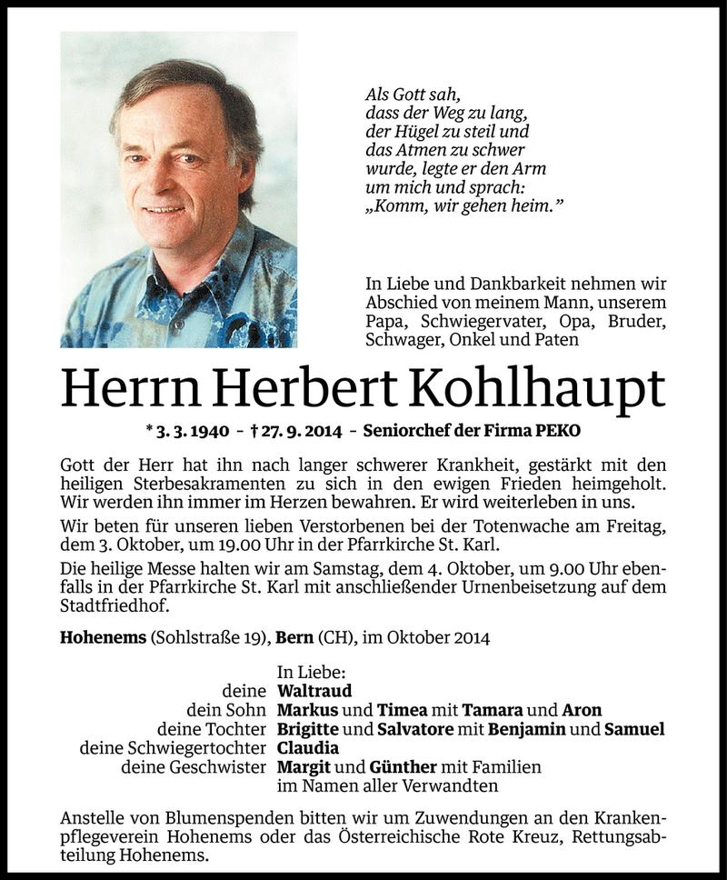  Todesanzeige für Herbert Kohlhaupt vom 01.10.2014 aus Vorarlberger Nachrichten