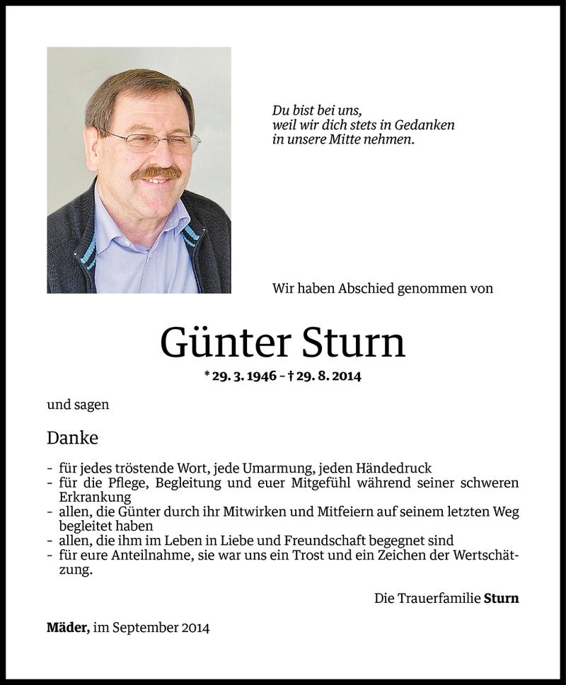  Todesanzeige für Günter Sturn vom 29.09.2014 aus Vorarlberger Nachrichten