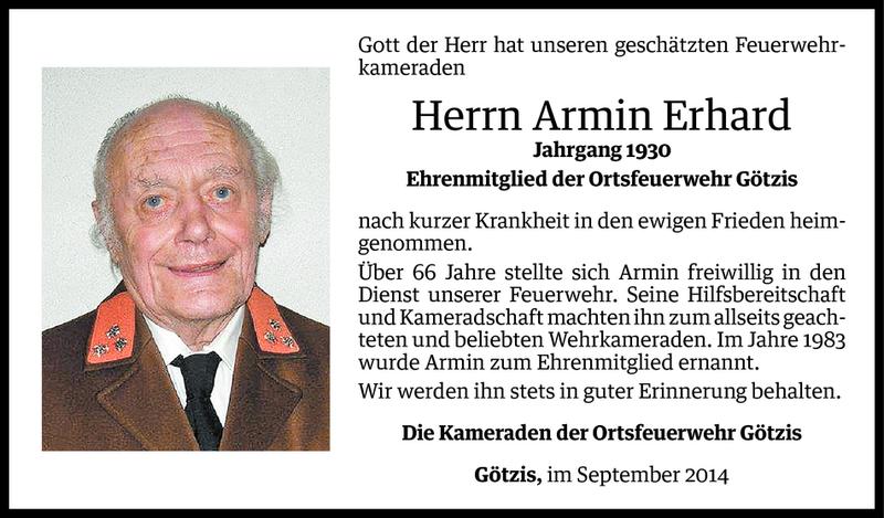  Todesanzeige für Armin Erhard vom 30.09.2014 aus Vorarlberger Nachrichten