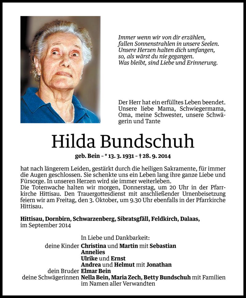  Todesanzeige für Hilda Bundschuh vom 30.09.2014 aus Vorarlberger Nachrichten