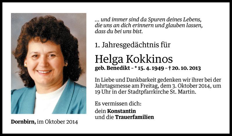  Todesanzeige für Helga Kokkinos vom 30.09.2014 aus Vorarlberger Nachrichten