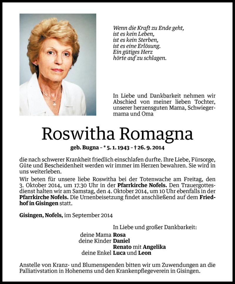  Todesanzeige für Roswitha Romagna vom 30.09.2014 aus Vorarlberger Nachrichten