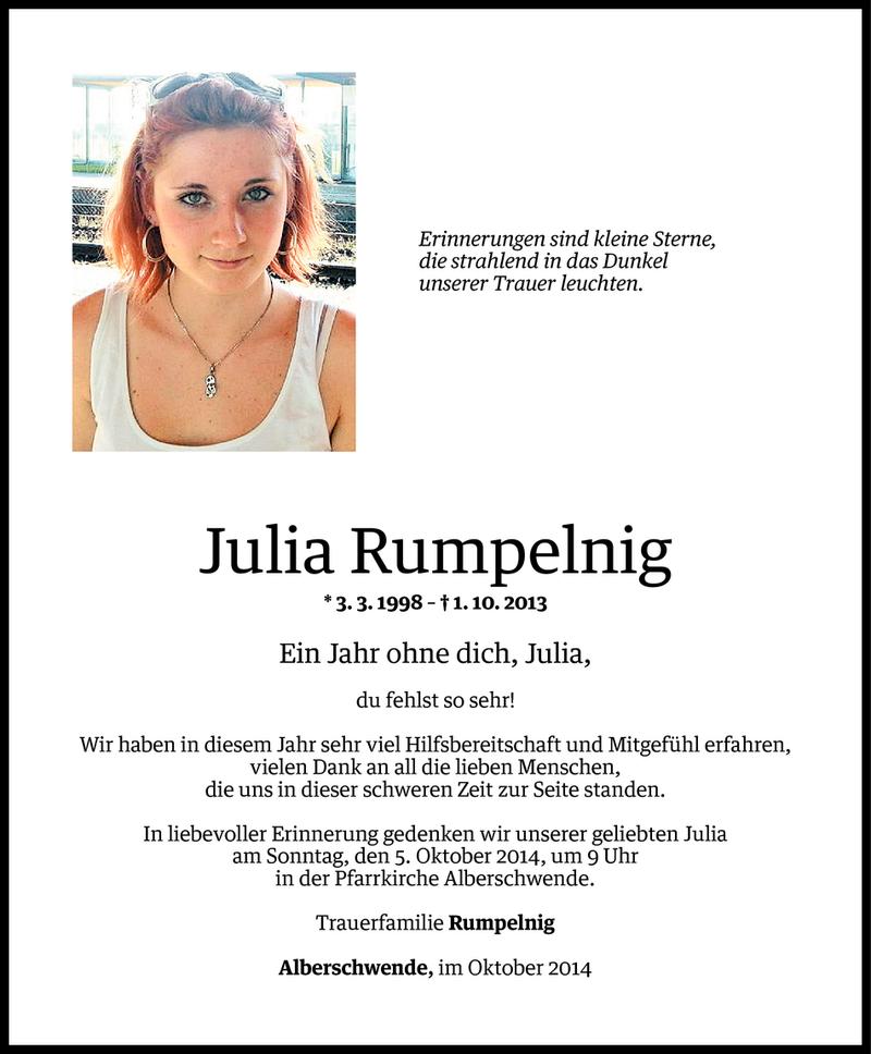  Todesanzeige für Julia Rumpelnig vom 30.09.2014 aus Vorarlberger Nachrichten