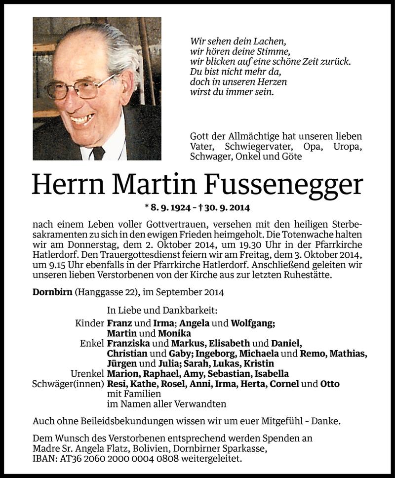  Todesanzeige für Martin Fussenegger vom 30.09.2014 aus Vorarlberger Nachrichten