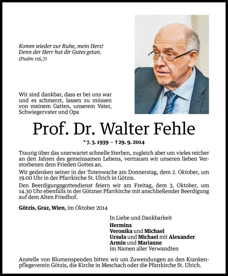  Todesanzeige für Walter Fehle vom 01.10.2014 aus Vorarlberger Nachrichten