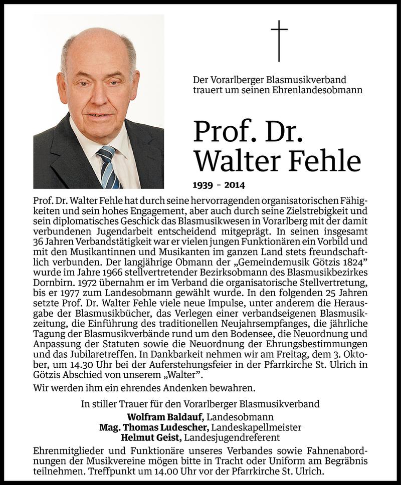  Todesanzeige für Walter Fehle vom 01.10.2014 aus Vorarlberger Nachrichten