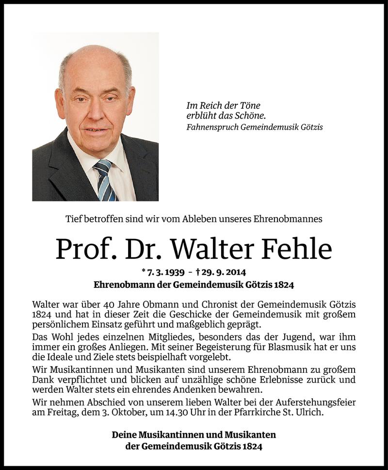  Todesanzeige für Walter Fehle vom 01.10.2014 aus Vorarlberger Nachrichten