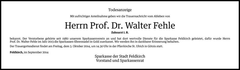  Todesanzeige für Walter Fehle vom 01.10.2014 aus Vorarlberger Nachrichten