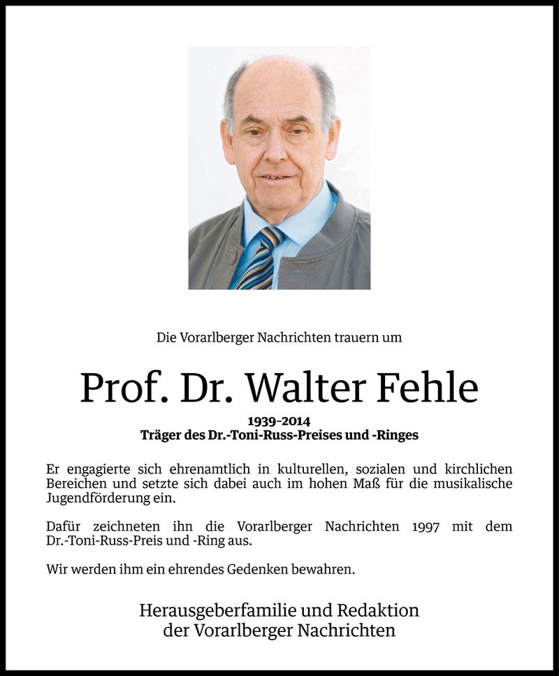  Todesanzeige für Walter Fehle vom 30.09.2014 aus Vorarlberger Nachrichten