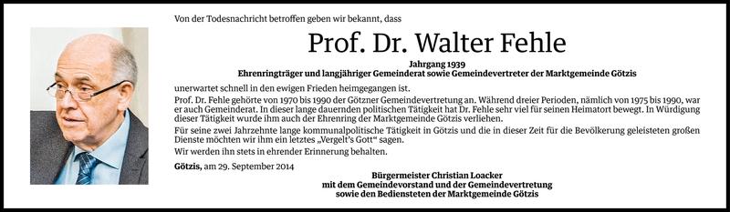  Todesanzeige für Walter Fehle vom 30.09.2014 aus Vorarlberger Nachrichten