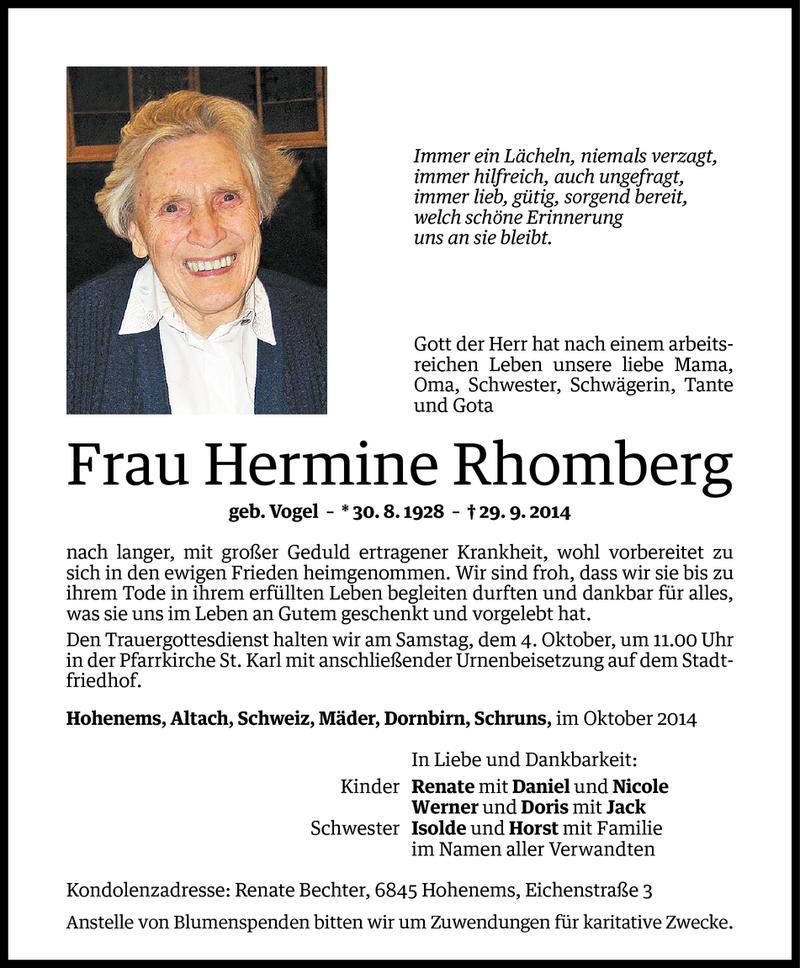  Todesanzeige für Hermine Rhomberg vom 02.10.2014 aus Vorarlberger Nachrichten