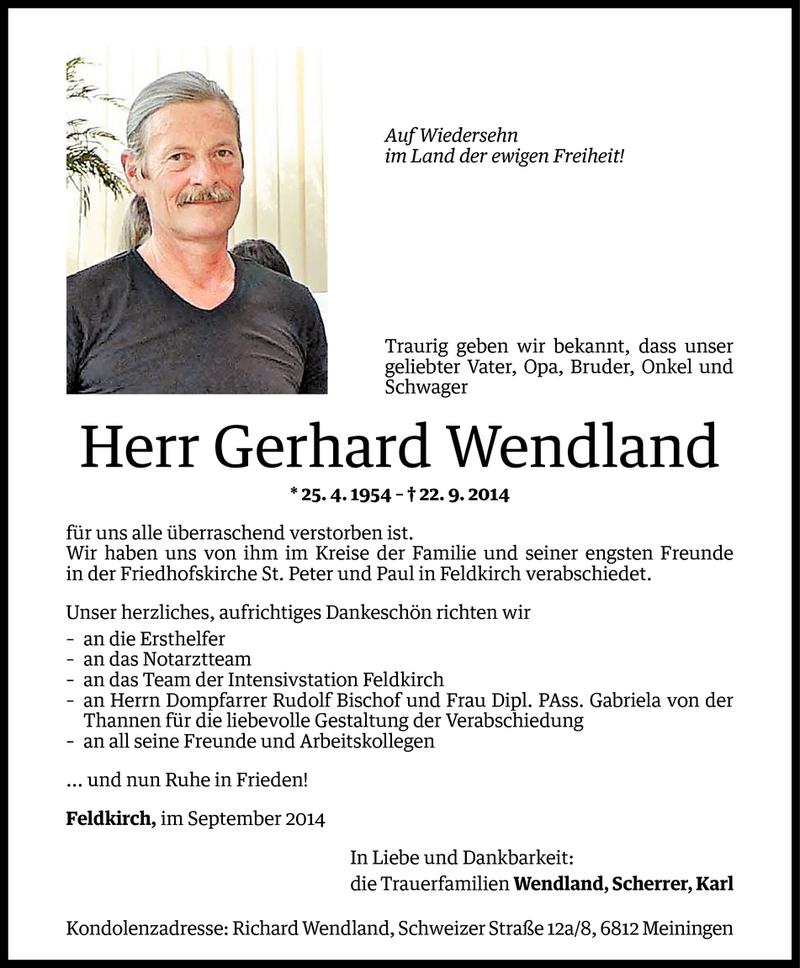  Todesanzeige für Gerhard Wendland vom 01.10.2014 aus Vorarlberger Nachrichten