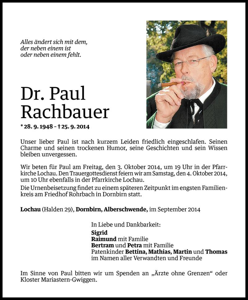  Todesanzeige für Paul Rachbauer vom 01.10.2014 aus Vorarlberger Nachrichten