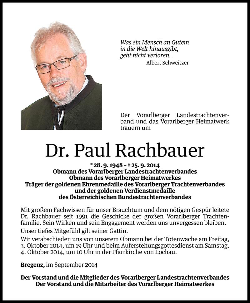  Todesanzeige für Paul Rachbauer vom 01.10.2014 aus Vorarlberger Nachrichten