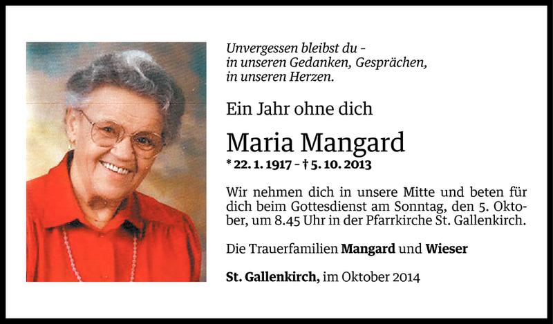  Todesanzeige für Maria Mangard vom 03.10.2014 aus Vorarlberger Nachrichten