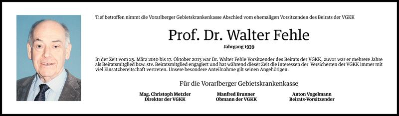  Todesanzeige für Walter Fehle vom 01.10.2014 aus Vorarlberger Nachrichten