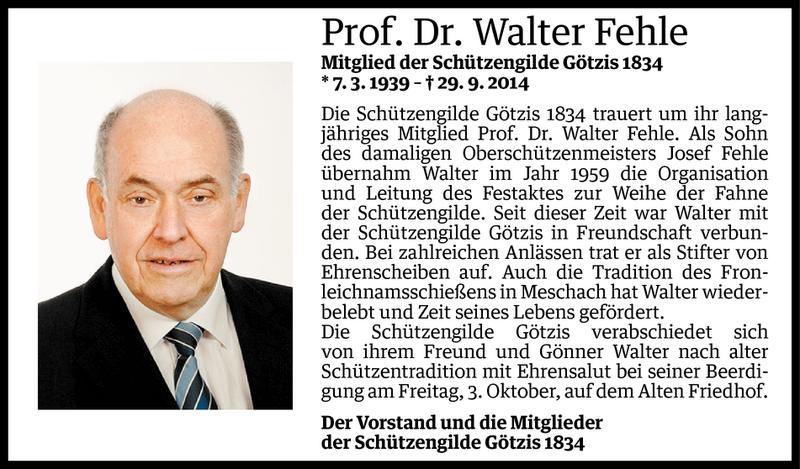  Todesanzeige für Walter Fehle vom 01.10.2014 aus Vorarlberger Nachrichten