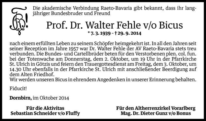  Todesanzeige für Walter Fehle vom 01.10.2014 aus Vorarlberger Nachrichten