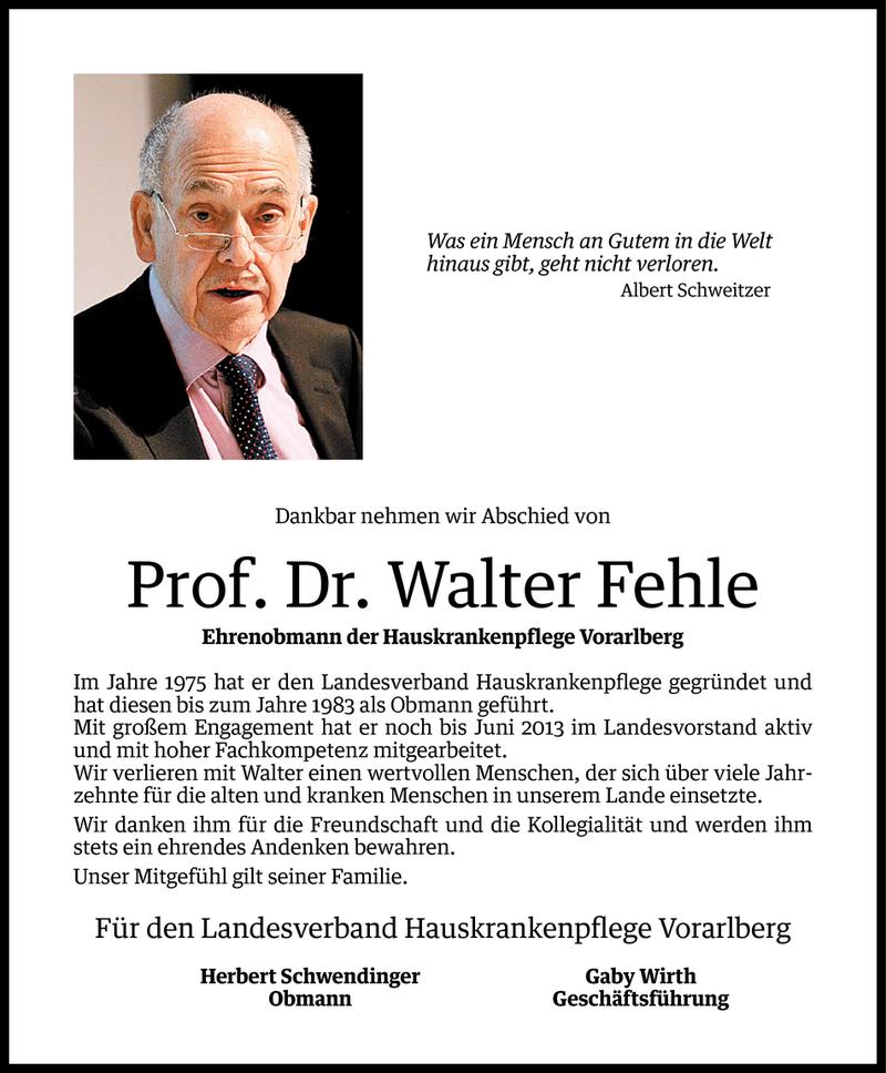  Todesanzeige für Walter Fehle vom 01.10.2014 aus Vorarlberger Nachrichten