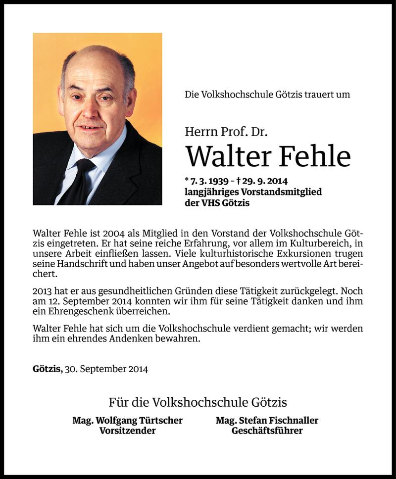  Todesanzeige für Walter Fehle vom 01.10.2014 aus Vorarlberger Nachrichten