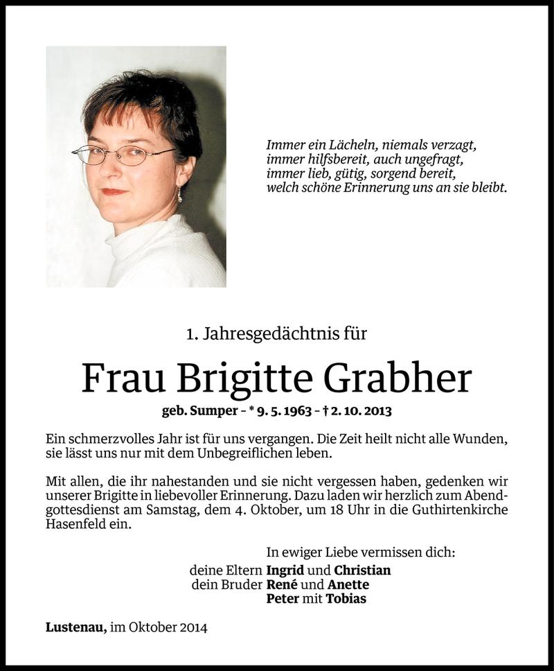  Todesanzeige für Brigitte Grabher vom 01.10.2014 aus Vorarlberger Nachrichten