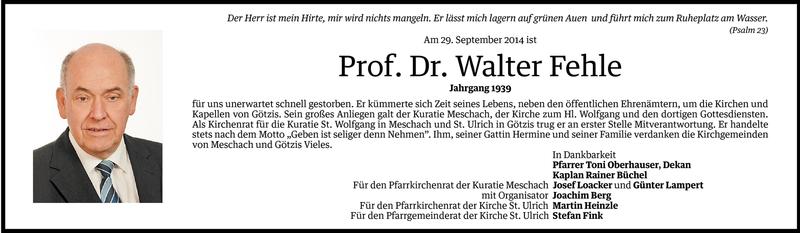  Todesanzeige für Walter Fehle vom 01.10.2014 aus Vorarlberger Nachrichten