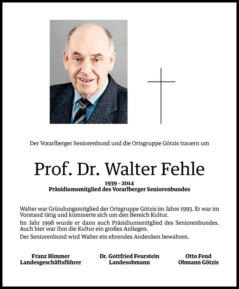  Todesanzeige für Walter Fehle vom 01.10.2014 aus Vorarlberger Nachrichten