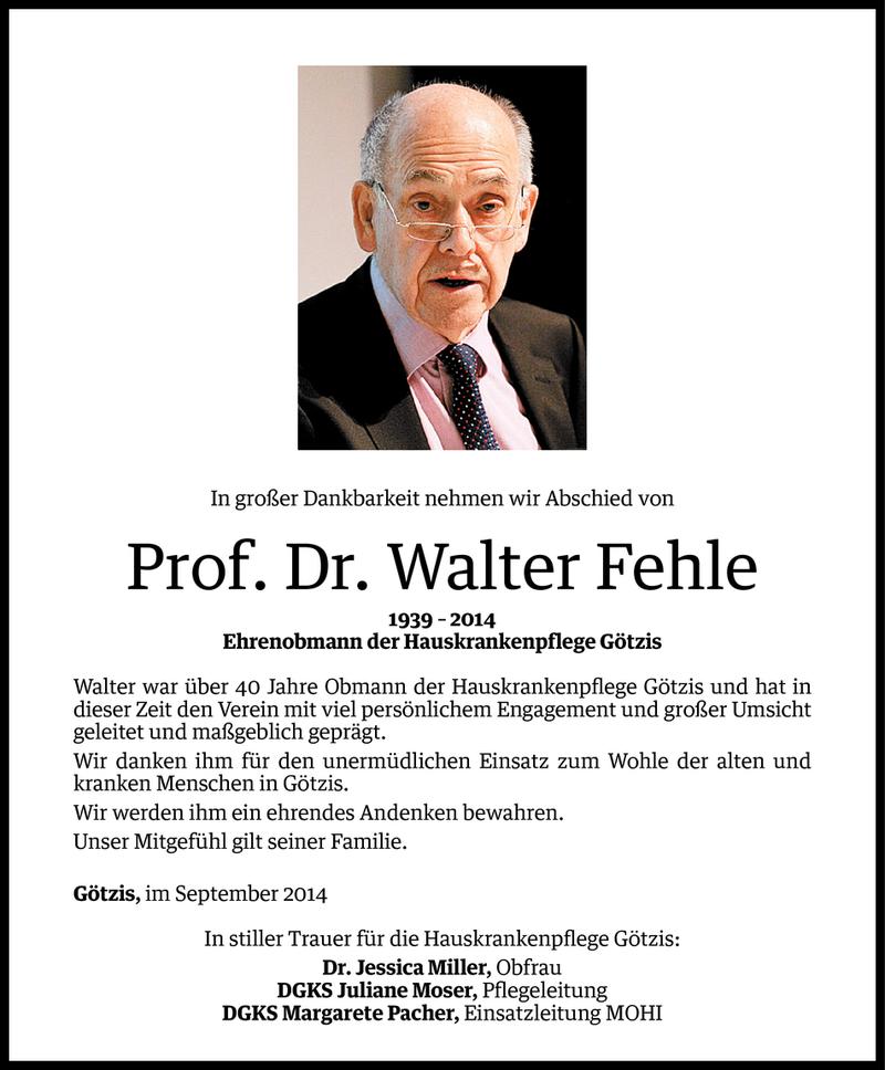  Todesanzeige für Walter Fehle vom 01.10.2014 aus Vorarlberger Nachrichten