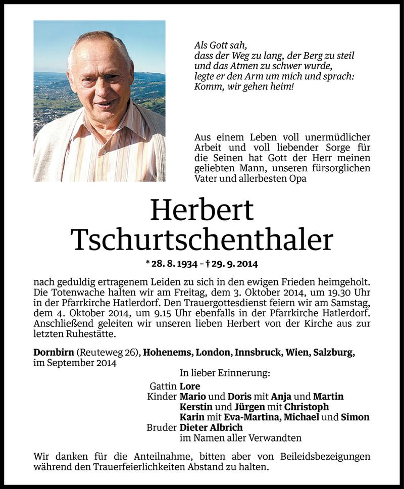  Todesanzeige für Herbert Tschurtschenthaler vom 01.10.2014 aus Vorarlberger Nachrichten