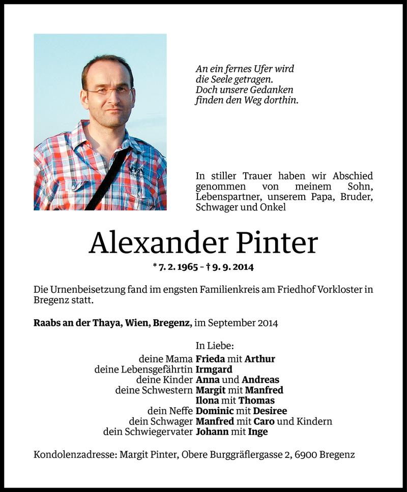  Todesanzeige für Alexander Pinter vom 04.10.2014 aus Vorarlberger Nachrichten