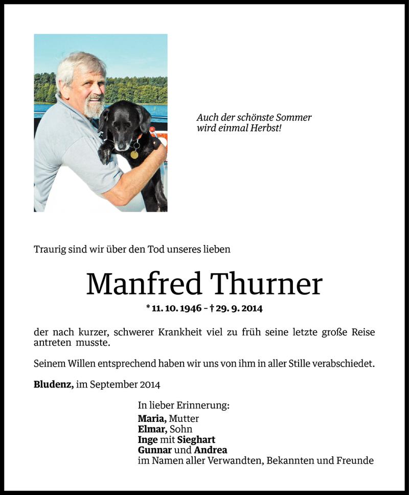  Todesanzeige für Manfred Thurner vom 04.10.2014 aus Vorarlberger Nachrichten