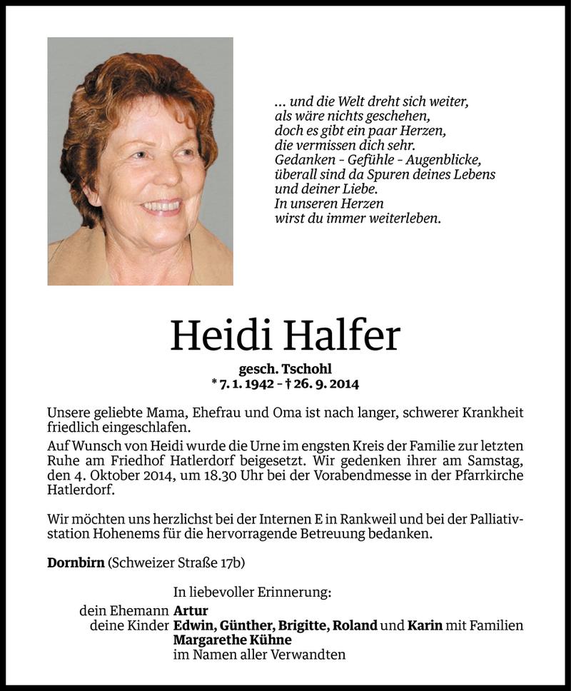  Todesanzeige für Heidi Halfer vom 03.10.2014 aus Vorarlberger Nachrichten