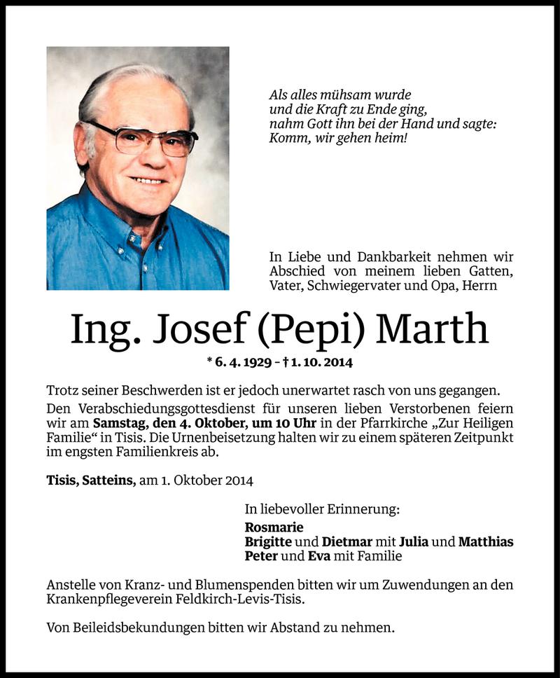  Todesanzeige für Josef Marth vom 02.10.2014 aus Vorarlberger Nachrichten